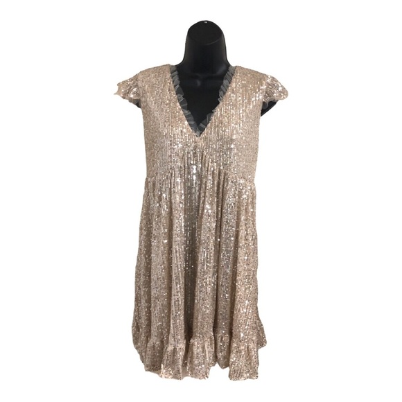 Gold shimmery sequin lace trim v-neck babydoll swing tent dress size medium new - Picture 16 of 16